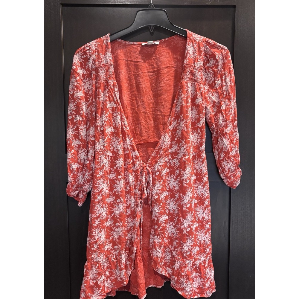 American Eagle Red Floral Wrap Tie Front Ruffle Mini Dress Top Small Womens